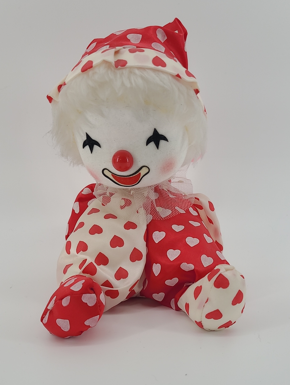 Vintage | Heart-Pattern Wind-Up Musical Clown Plush Doll | Red & Cream Valentine